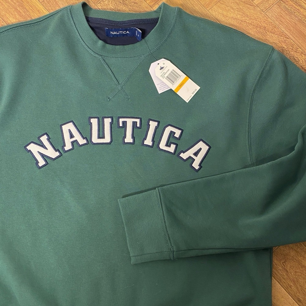 Nautica Crewneck Sweatshirt Mens Small Embroidered Spellout Green Fleece Deck
